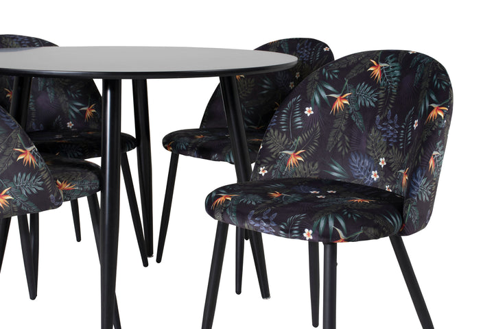 Venture Home Plaza Runt Matbord - Svart / Svart - ø100*H75 +Velvet Dining Chair -  Black Flower fabric _4