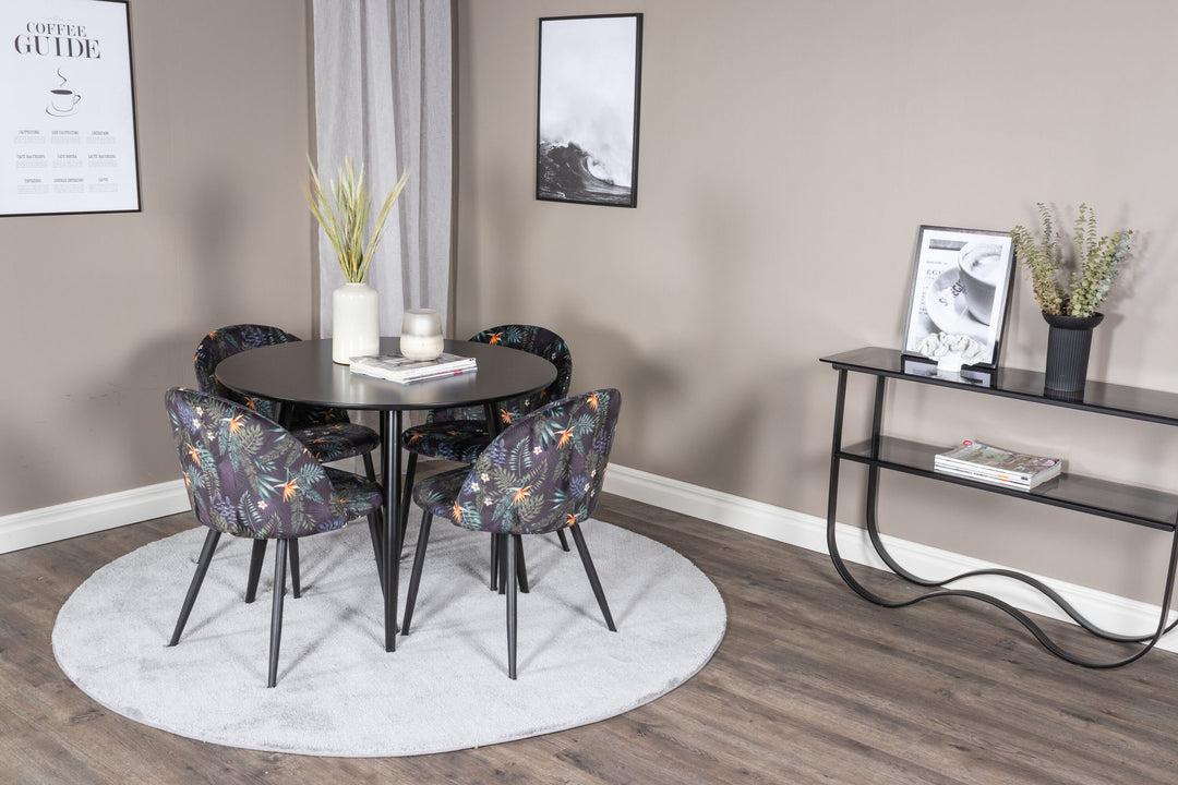 Venture Home Plaza Runt Matbord - Svart / Svart - ø100*H75 +Velvet Dining Chair -  Black Flower fabric _4