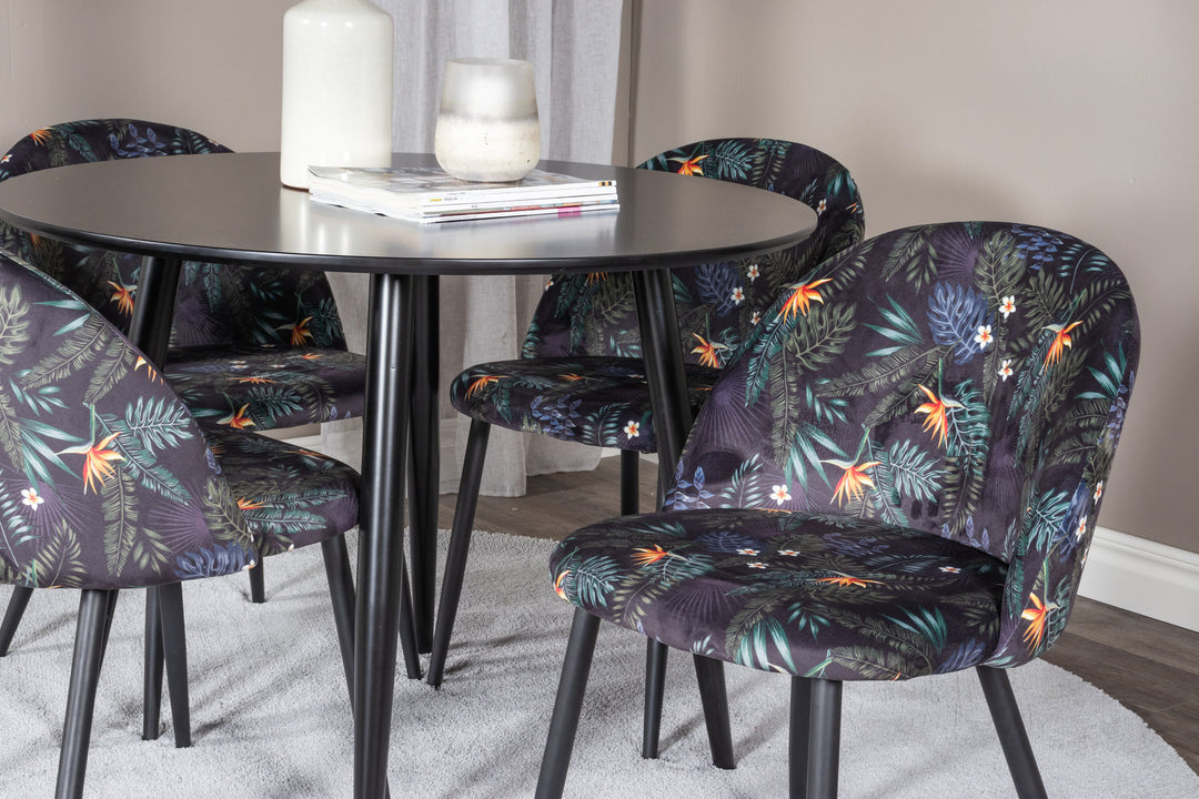 Venture Home Plaza Runt Matbord - Svart / Svart - ø100*H75 +Velvet Dining Chair -  Black Flower fabric _4