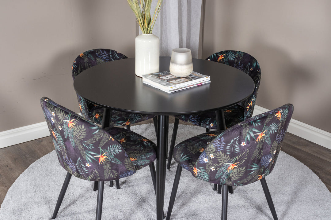 Venture Home Plaza Runt Matbord - Svart / Svart - ø100*H75 +Velvet Dining Chair -  Black Flower fabric _4