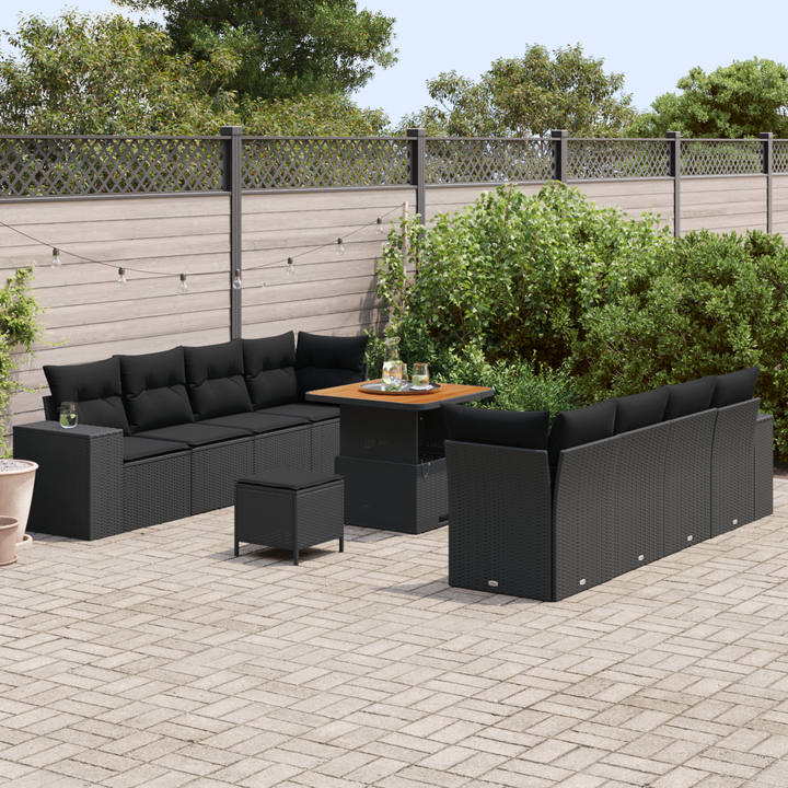 Havesofa Sæt med pude med opbevaring 11 pcs Sort polyrattan