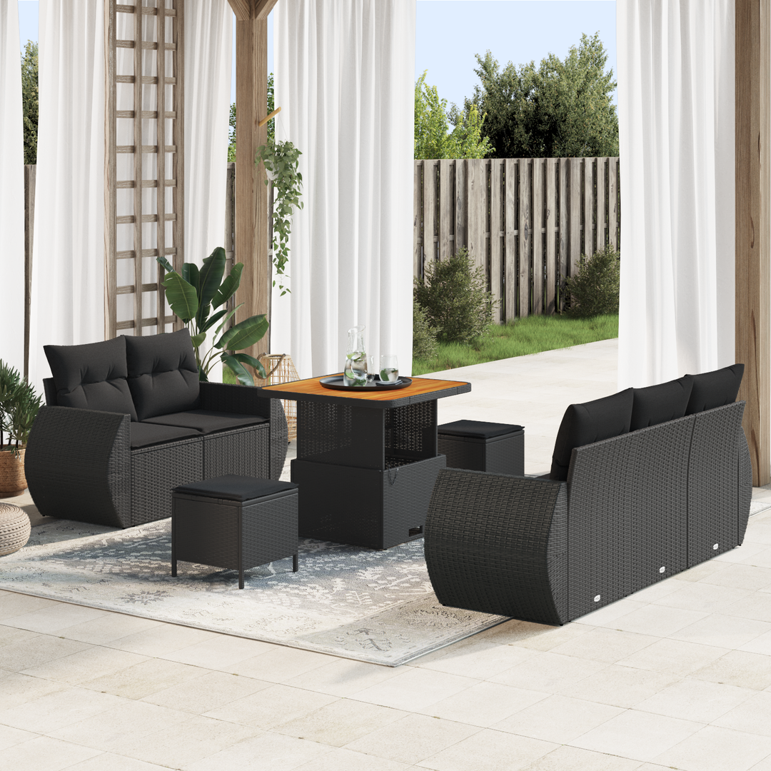 Havesofa Sæt med pude med opbevaring 8 pcs Sort polyrattan