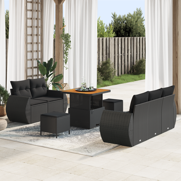 Havesofa Sæt med pude med opbevaring 8 pcs Sort polyrattan