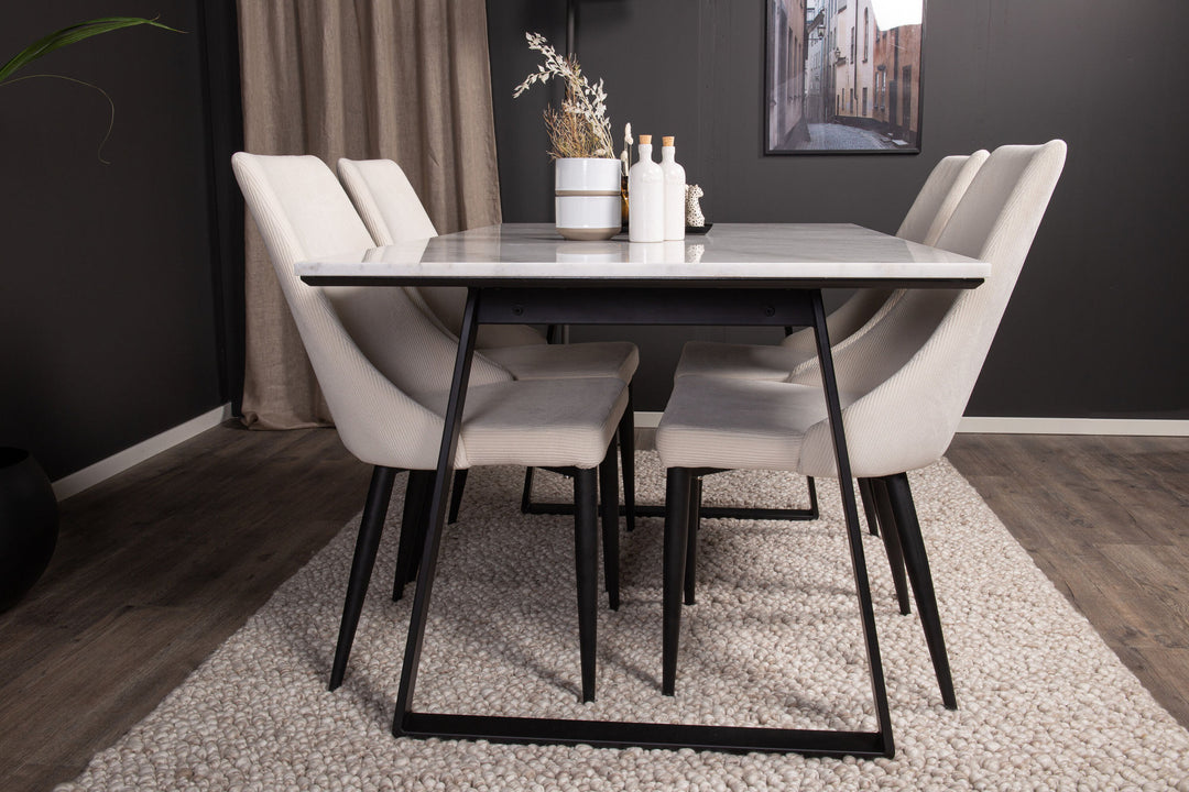 Venture Home Estelle Dining Table 140*90 - White Marble / Black Legs +Leone Dining Chair - Black Legs / Beige Corduroy _4