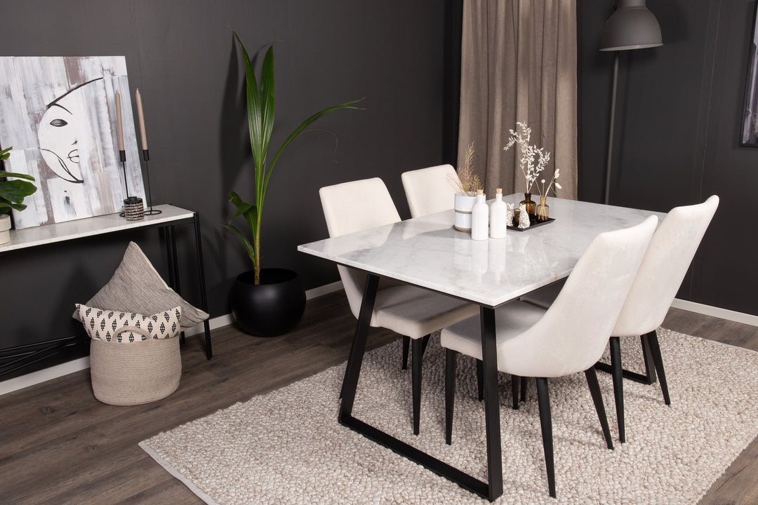 Venture Home Estelle Dining Table 140*90 - White Marble / Black Legs +Leone Dining Chair - Black Legs / Beige Corduroy _4