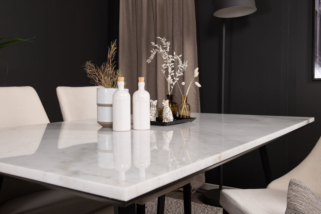 Venture Home Estelle Dining Table 140*90 - White Marble / Black Legs +Leone Dining Chair - Black Legs / Beige Corduroy _4