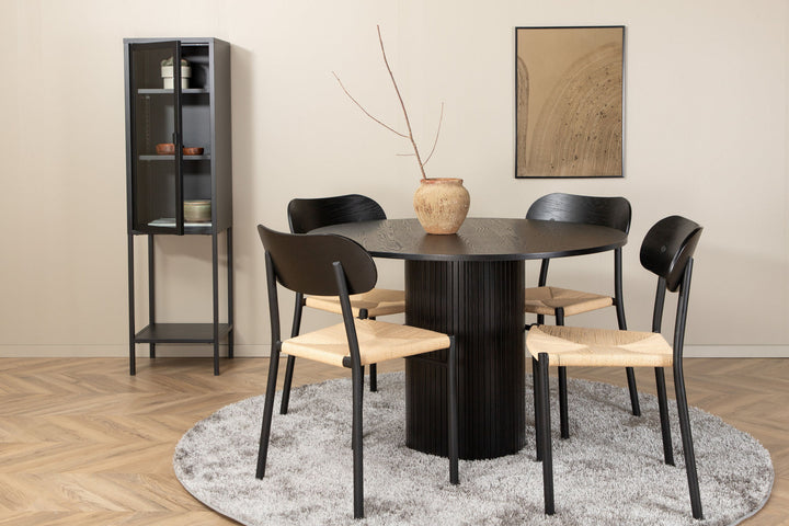Venture Home Bianca Rundt Spisebord - Sort / Sort Finer + 4 stk. Polly Steel Spisebordsstol , K/D, Sort bagbelyst sæde