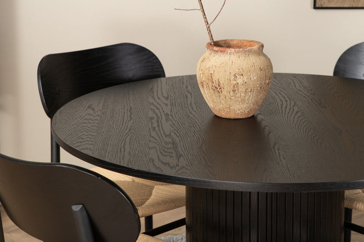 Venture Home Bianca Rundt Spisebord - Sort / Sort Finer + 4 stk. Polly Steel Spisebordsstol , K/D, Sort bagbelyst sæde