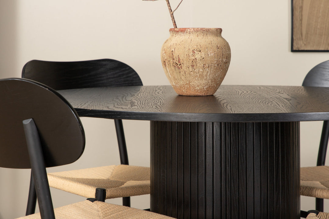 Venture Home Bianca Rundt Spisebord - Sort / Sort Finer + 4 stk. Polly Steel Spisebordsstol , K/D, Sort bagbelyst sæde