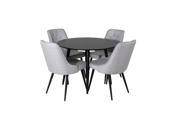 Venture Home Plaza Runt Matbord - Svart / Svart - ø100*H75 +Velvet Deluxe Dining Chair - Black Legs - Light Grey Fabric _4