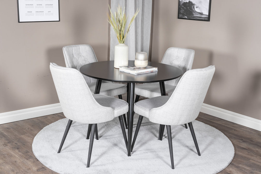 Venture Home Plaza Runt Matbord - Svart / Svart - ø100*H75 +Velvet Deluxe Dining Chair - Black Legs - Light Grey Fabric _4