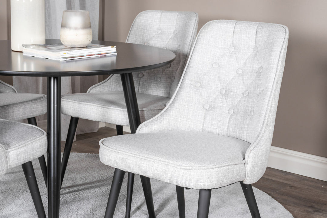 Venture Home Plaza Runt Matbord - Svart / Svart - ø100*H75 +Velvet Deluxe Dining Chair - Black Legs - Light Grey Fabric _4
