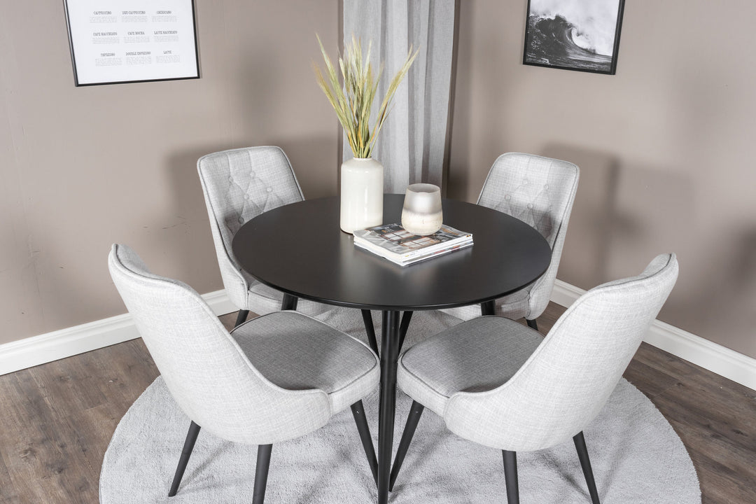 Venture Home Plaza Runt Matbord - Svart / Svart - ø100*H75 +Velvet Deluxe Dining Chair - Black Legs - Light Grey Fabric _4