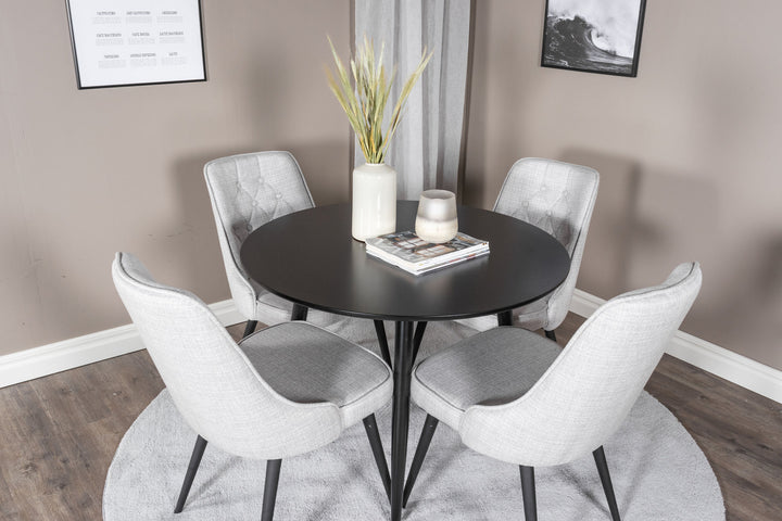 Venture Home Plaza Runt Matbord - Svart / Svart - ø100*H75 +Velvet Deluxe Dining Chair - Black Legs - Light Grey Fabric _4