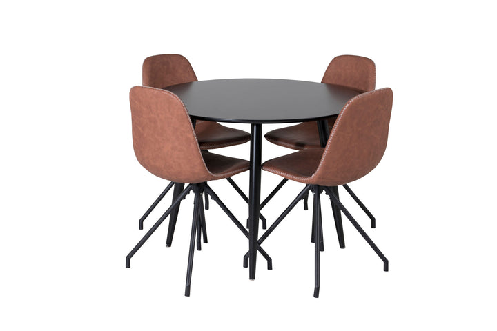 Venture Home Plaza Runt Matbord - Svart / Svart - ø100*H75 +Polar Dining Chair with Spin function - black Legs - Brown PU - White Stitches _4