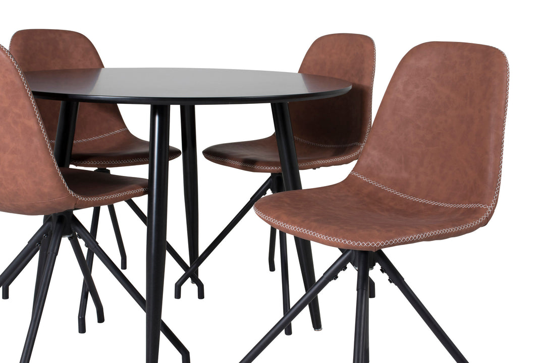 Venture Home Plaza Runt Matbord - Svart / Svart - ø100*H75 +Polar Dining Chair with Spin function - black Legs - Brown PU - White Stitches _4