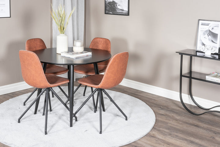 Venture Home Plaza Runt Matbord - Svart / Svart - ø100*H75 +Polar Dining Chair with Spin function - black Legs - Brown PU - White Stitches _4