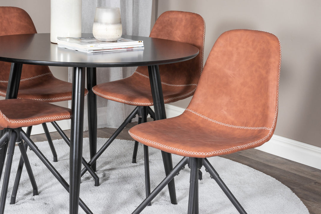 Venture Home Plaza Runt Matbord - Svart / Svart - ø100*H75 +Polar Dining Chair with Spin function - black Legs - Brown PU - White Stitches _4