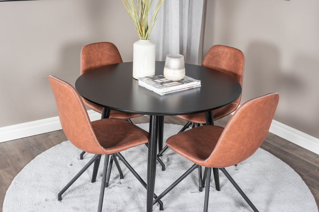 Venture Home Plaza Runt Matbord - Svart / Svart - ø100*H75 +Polar Dining Chair with Spin function - black Legs - Brown PU - White Stitches _4