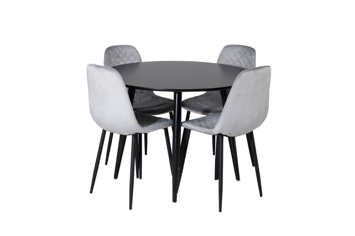 Venture Home Plaza Runt Matbord - Svart / Svart - ø100*H75 +Polar Diamond Dining Chair - Black Legs - Grey Velvet _4
