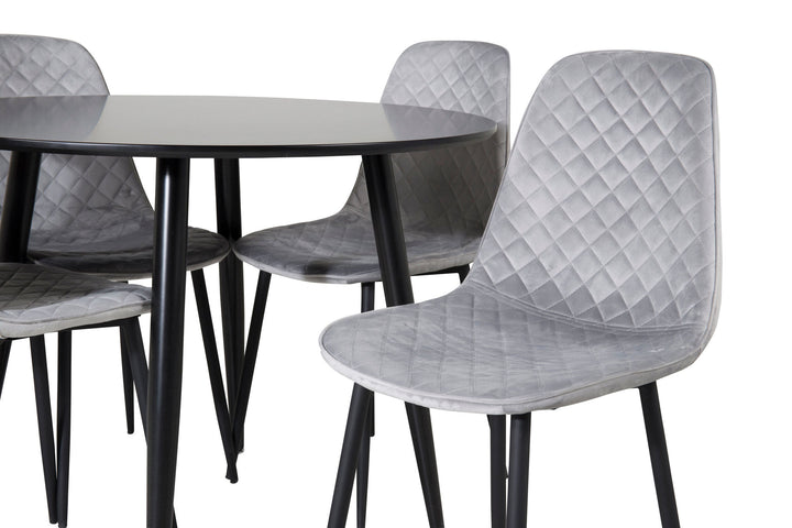 Venture Home Plaza Runt Matbord - Svart / Svart - ø100*H75 +Polar Diamond Dining Chair - Black Legs - Grey Velvet _4