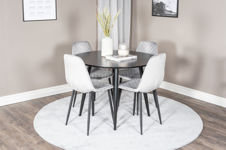 Venture Home Plaza Runt Matbord - Svart / Svart - ø100*H75 +Polar Diamond Dining Chair - Black Legs - Grey Velvet _4