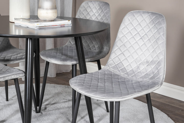 Venture Home Plaza Runt Matbord - Svart / Svart - ø100*H75 +Polar Diamond Dining Chair - Black Legs - Grey Velvet _4