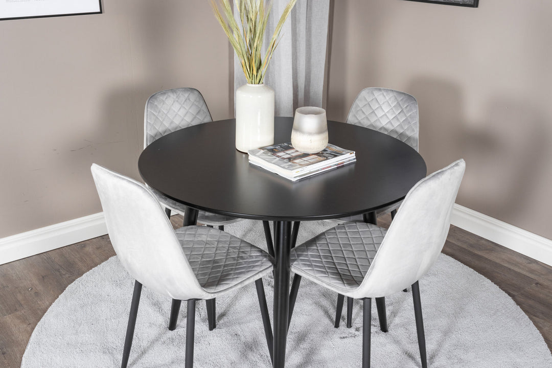Venture Home Plaza Runt Matbord - Svart / Svart - ø100*H75 +Polar Diamond Dining Chair - Black Legs - Grey Velvet _4
