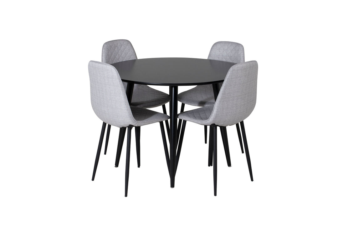 Venture Home Plaza Runt Matbord - Svart / Svart - ø100*H75 +Polar Diamond Dining Chair - Black Legs - Grey Fabric _4