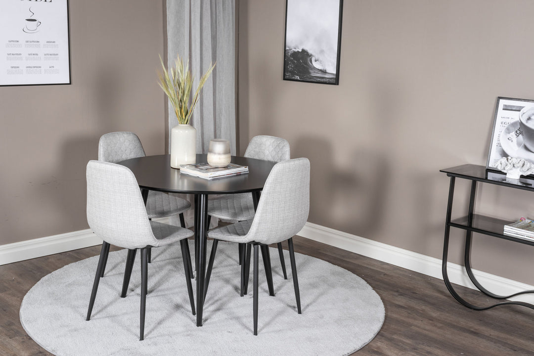 Venture Home Plaza Runt Matbord - Svart / Svart - ø100*H75 +Polar Diamond Dining Chair - Black Legs - Grey Fabric _4