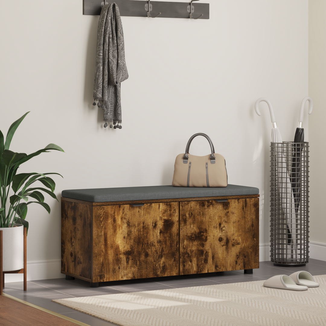 Hallbænk med dør Røget Eg 100 x 38 x 46 cm Kunstigt træ og stof