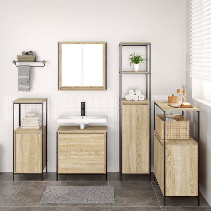 Badeværelsesmøbel sæt med hylde 5 pcs Beige Konstrueret træ