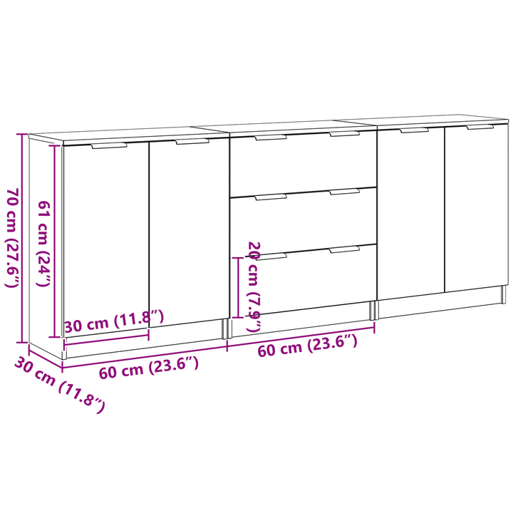 Sideboard 3 stk. Sort eg 180 x 30 x 70 cm Konstrueret træ