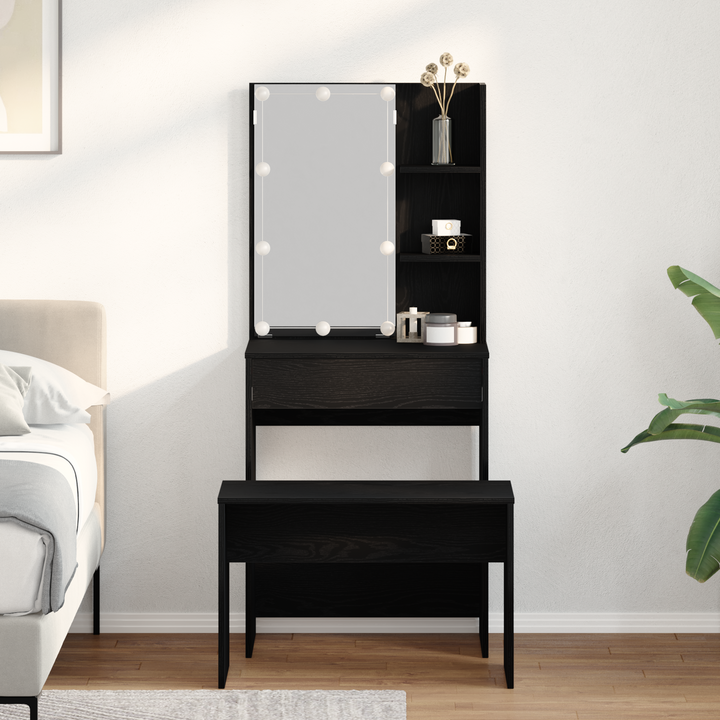 LED Smykkebord Set med spejllys 2 pcs Sort eg Konstrueret træ