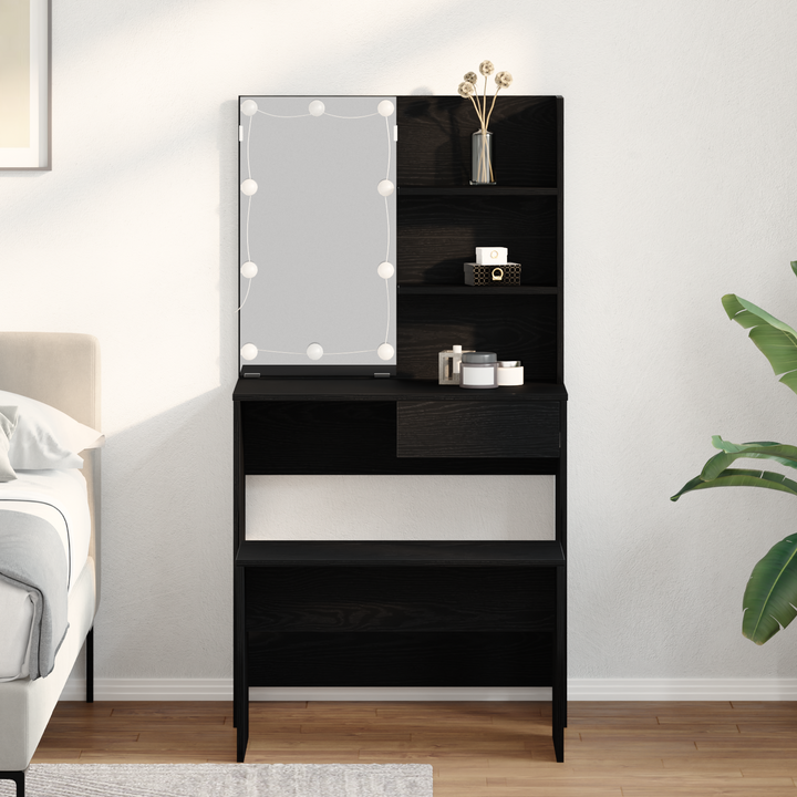 LED Smykkebord Set med spejllys 2 pcs Sort eg Konstrueret træ