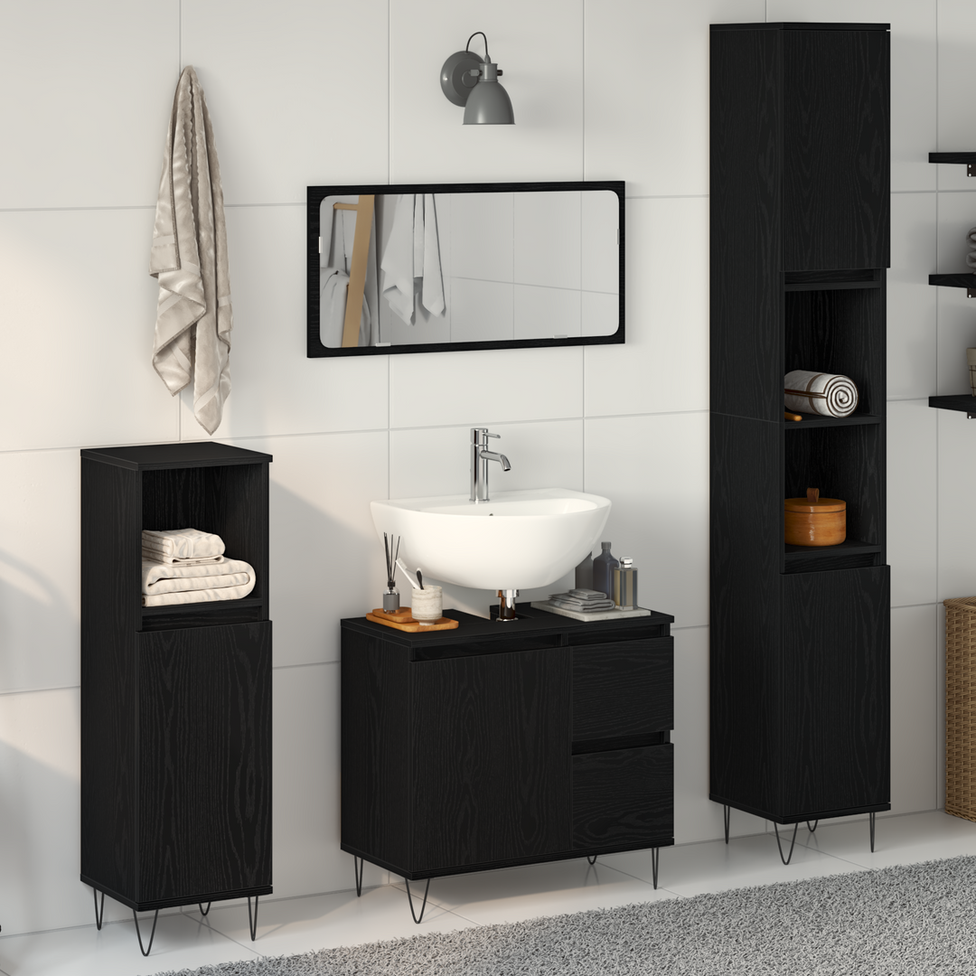Badeværelsesmøbel sæt med skuffe 3 pcs Sort eg 30 x 30 x 190 cm