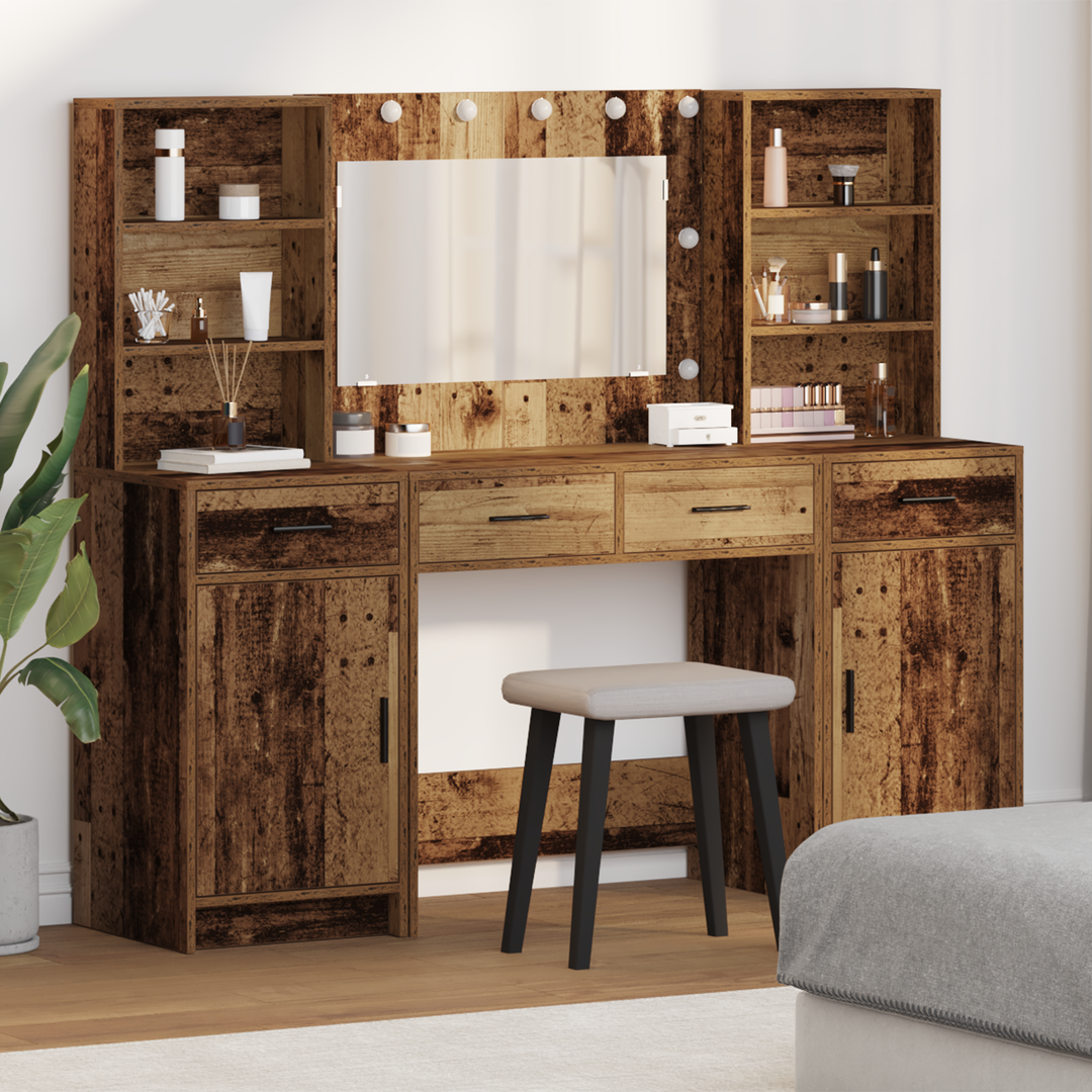 Makeupbord sæt med LED 3 pcs Gammelt træ Konstrueret træ