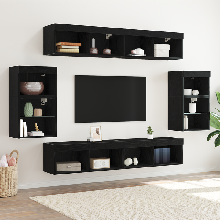 TV-møbelsæt med LED -strimmellys 8 pcs Sort eg Konstrueret træ