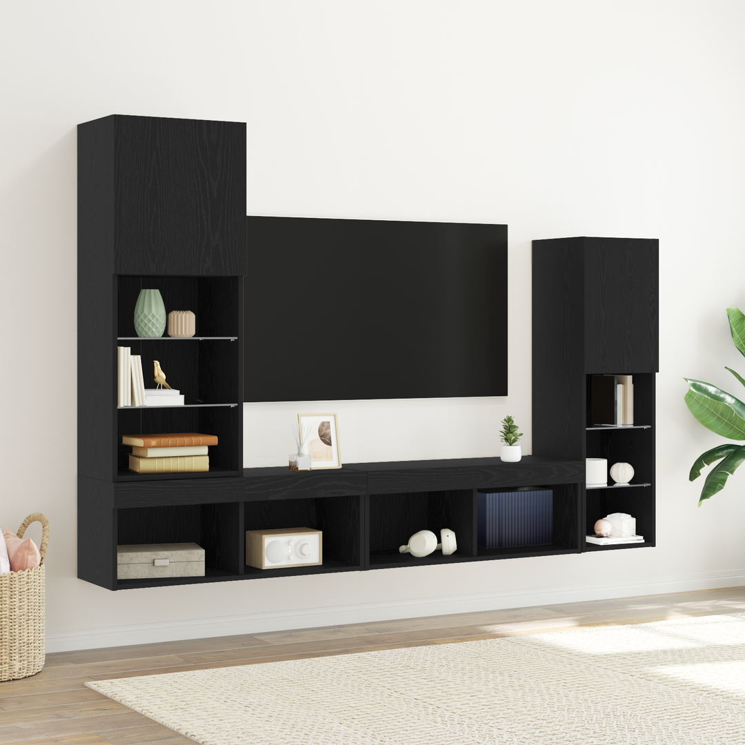 TV-skab med LED -strimmellys 4 pcs Sort eg Konstrueret træ