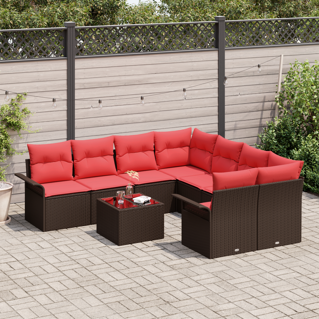 Havesofa Sæt med pude 9 pcs Brun og Rød polyrattan