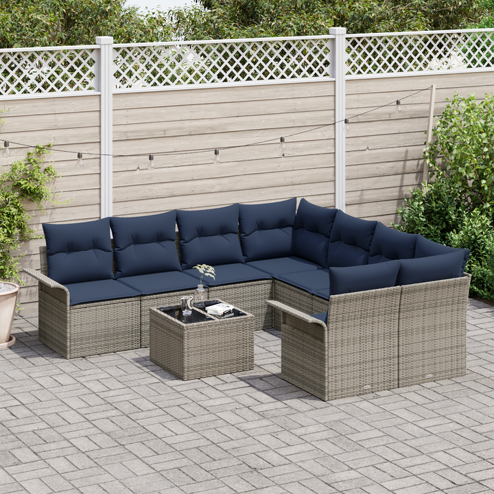 Havesofa Sæt med pude 9 pcs Grå og Marineblå polyrattan