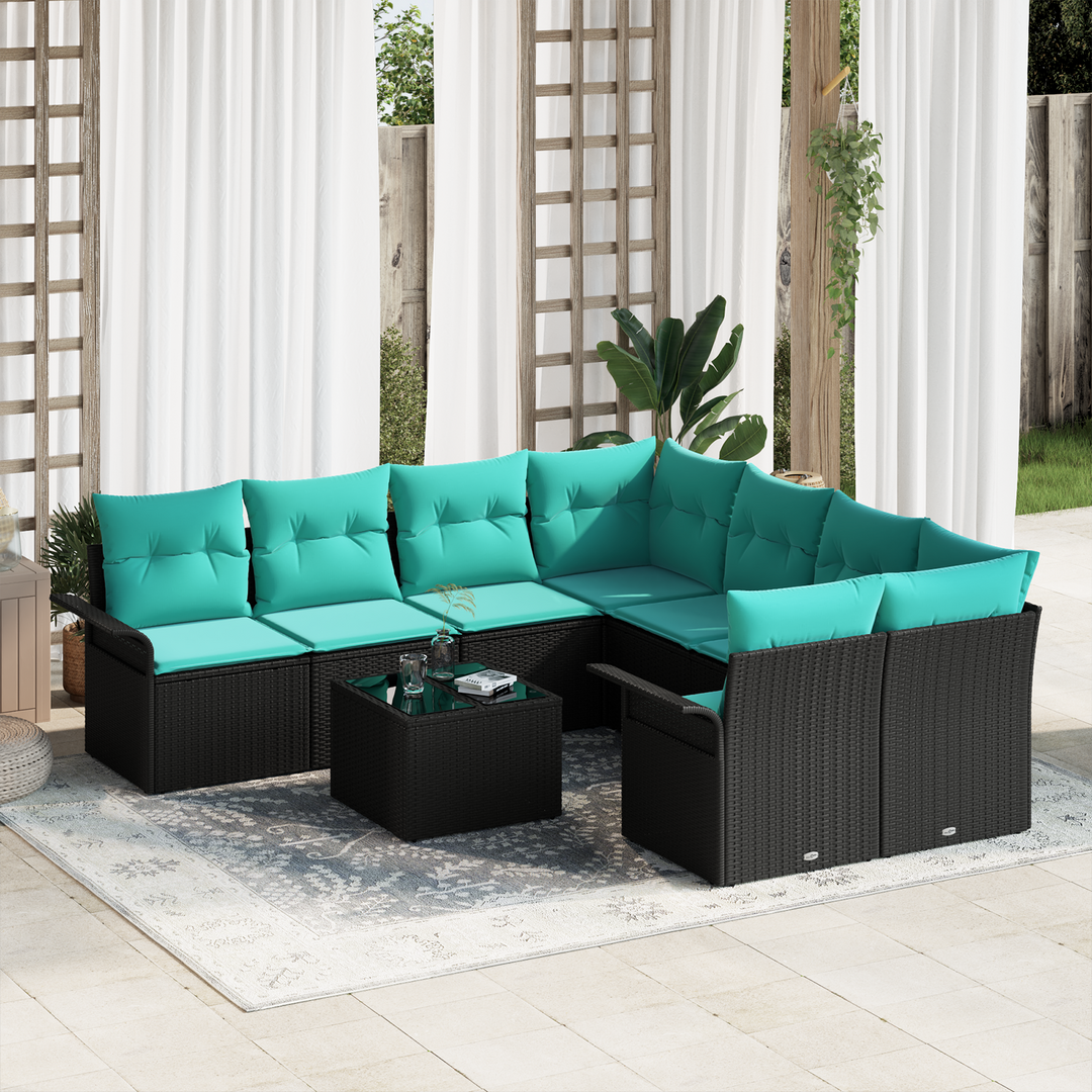 Havesofa Sæt med pude 9 pcs Sort polyrattan
