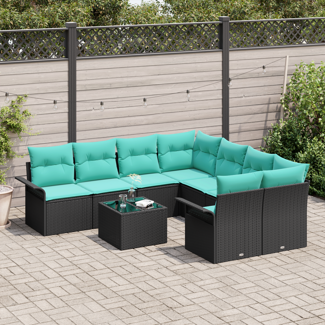 Havesofa Sæt med pude 9 pcs Sort polyrattan