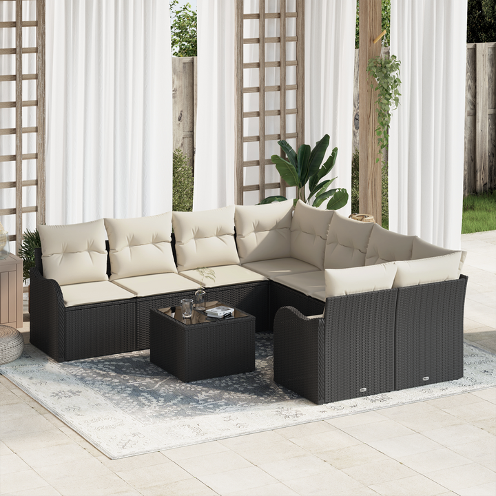 Havesofa Sæt med pude med opbevaring 9 pcs Sort polyrattan