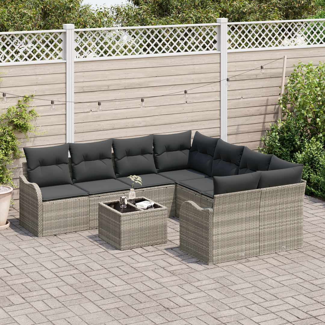Havesofa Sæt med pude med opbevaring 9 pcs Lysegrå polyrattan