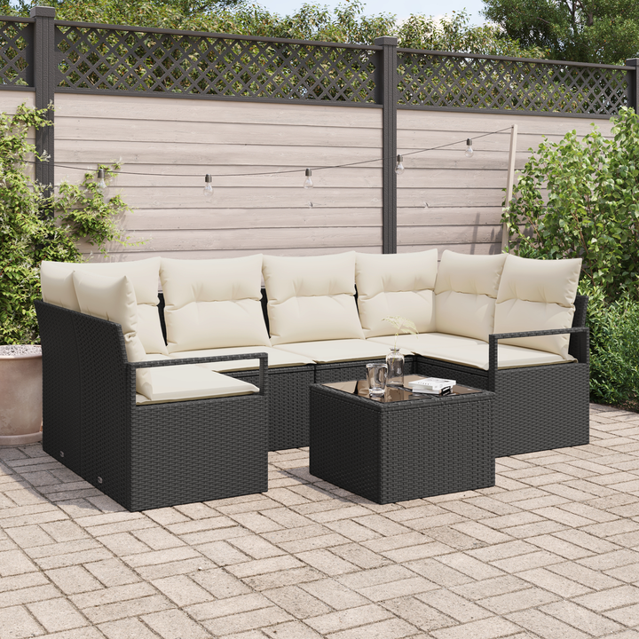 Sofa Sæt med pude 7 pcs Sort og Cream polyrattan