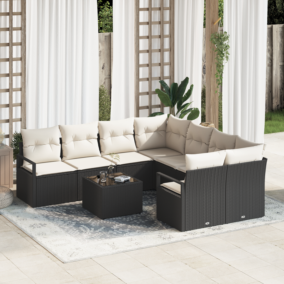 Sofa Sæt med pude 9 pcs Sort og Cream polyrattan