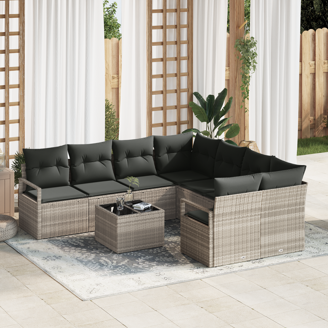 Sofa Sæt med pude 9 pcs Lys grå og sort polyrattan
