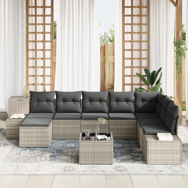 Havesofa Sæt med pude 9 pcs Lysegrå polyrattan