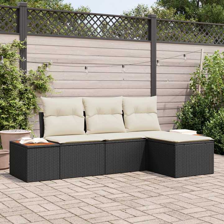 Havesofa Sæt med pude med pude 4 pcs Sort polyrattan